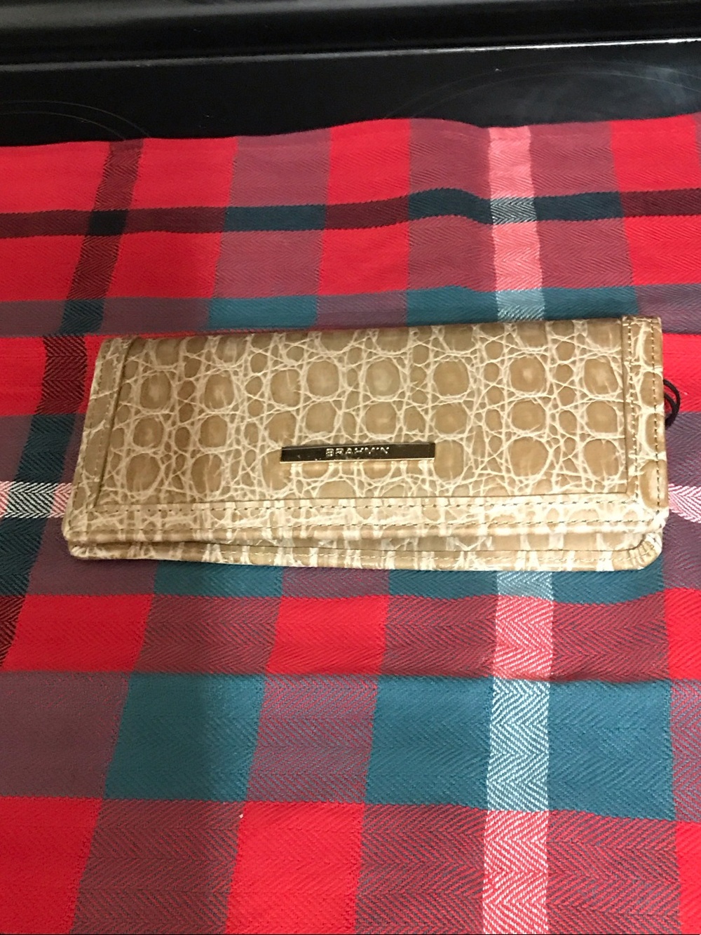 Brahmin Beige Croc-Embossed Trifold Wallet with Metal Logo